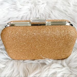 RSVP Gold Shimmery Clutch Evening Bag with Gold Chain